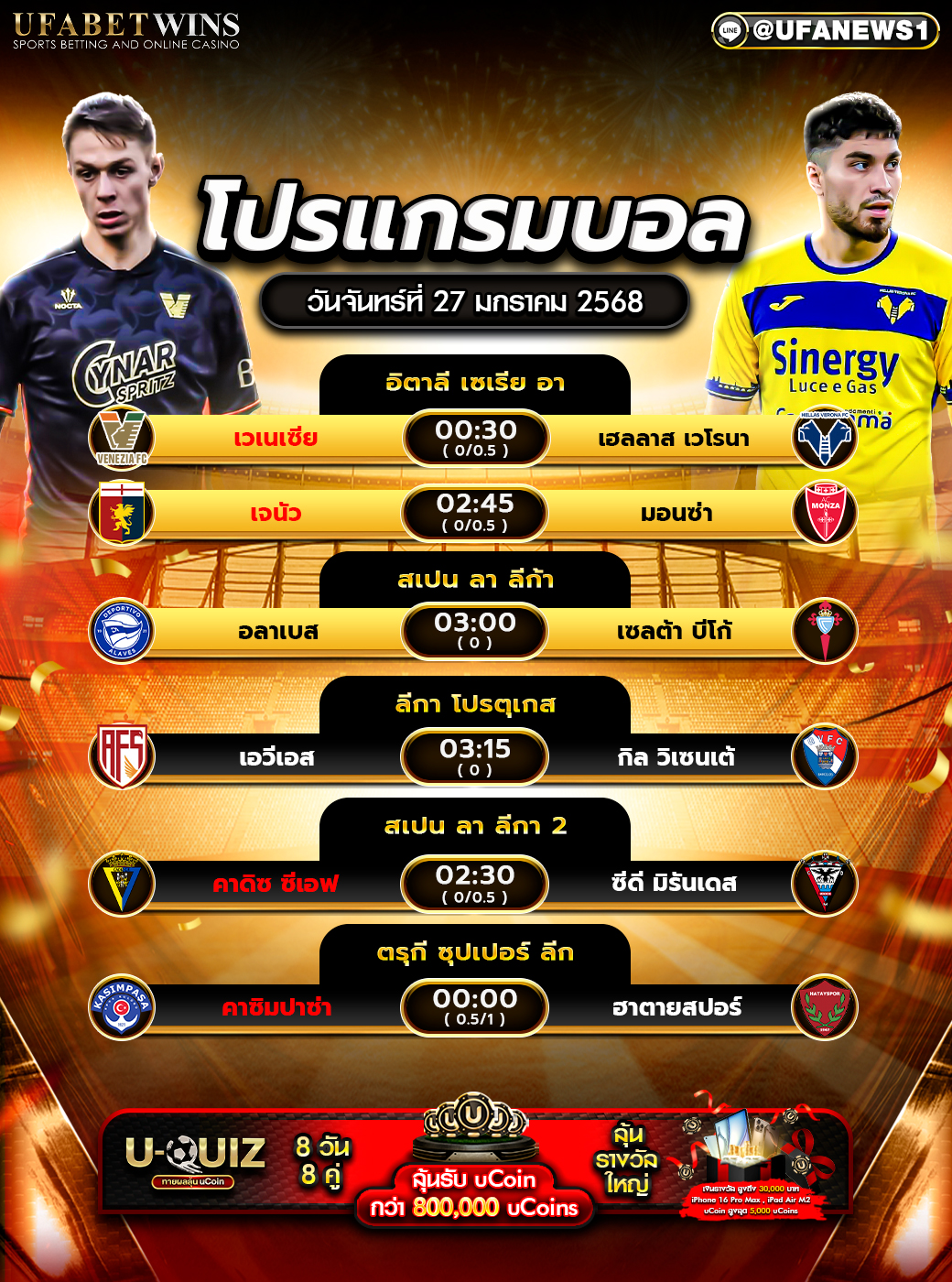 โปรแกรมฟุตบอลวันนี้ 27/01/2568