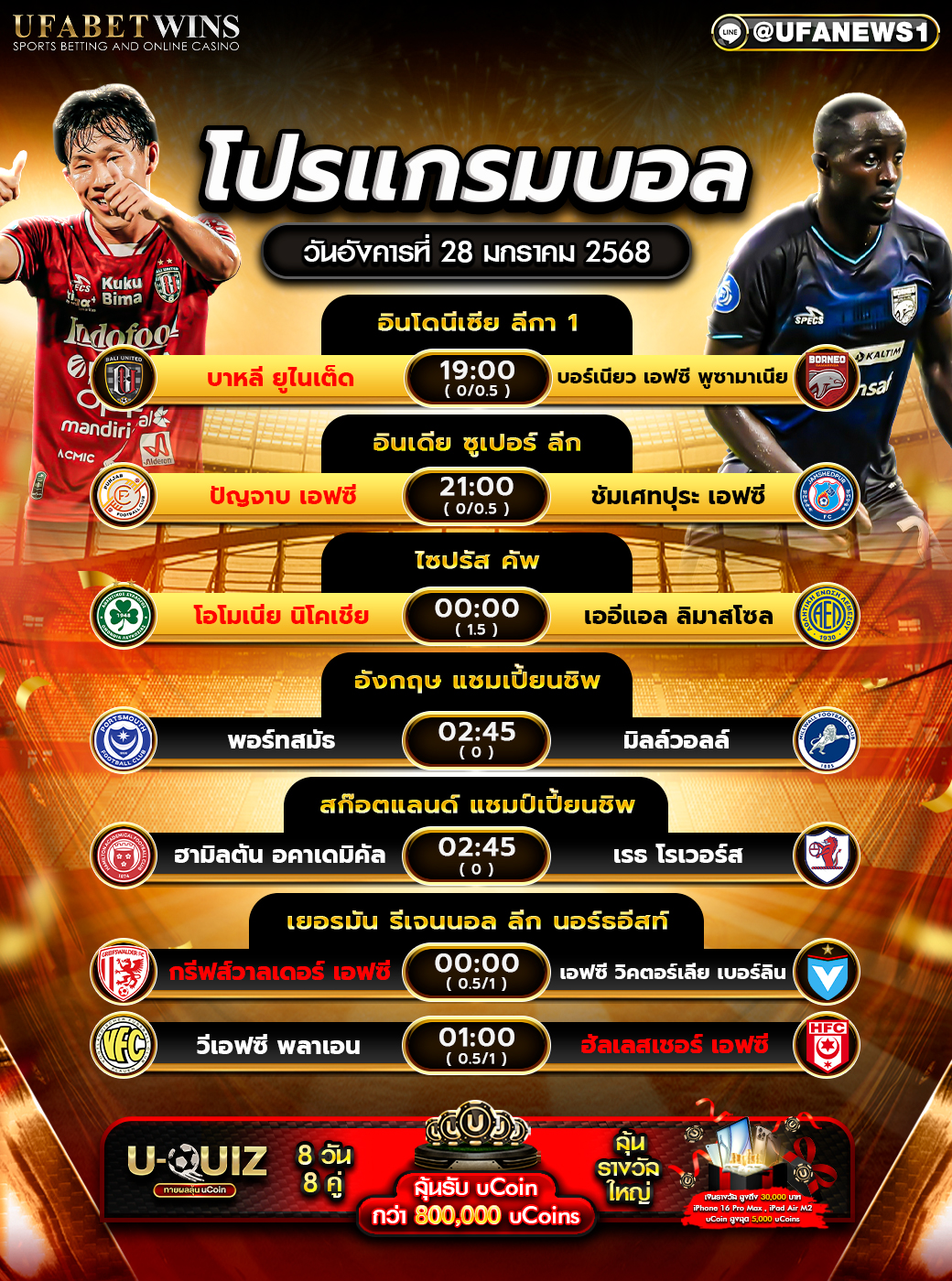 โปรแกรมฟุตบอลวันนี้ 28/01/2568