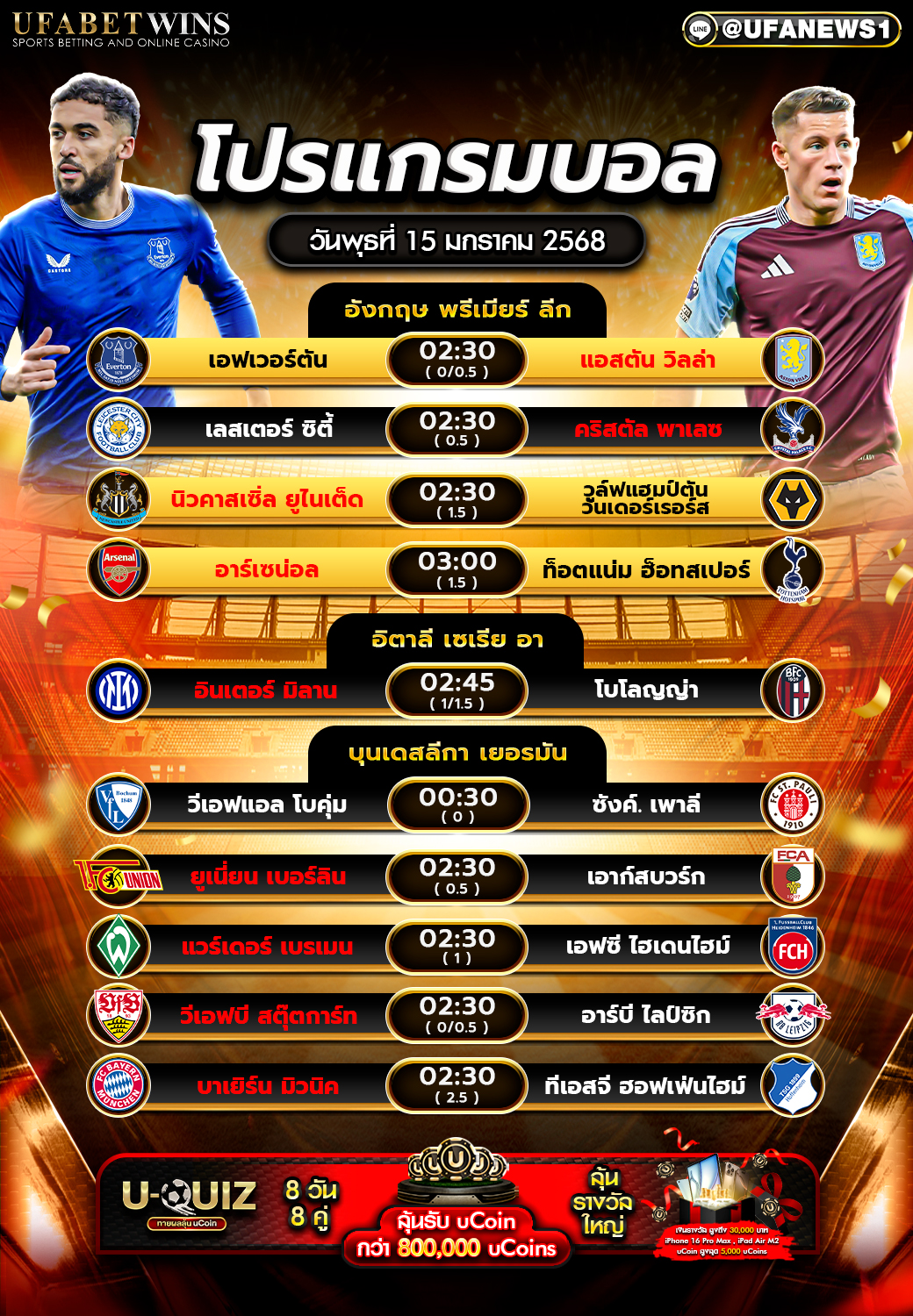 โปรแกรมฟุตบอลวันนี้ 15/01/2568