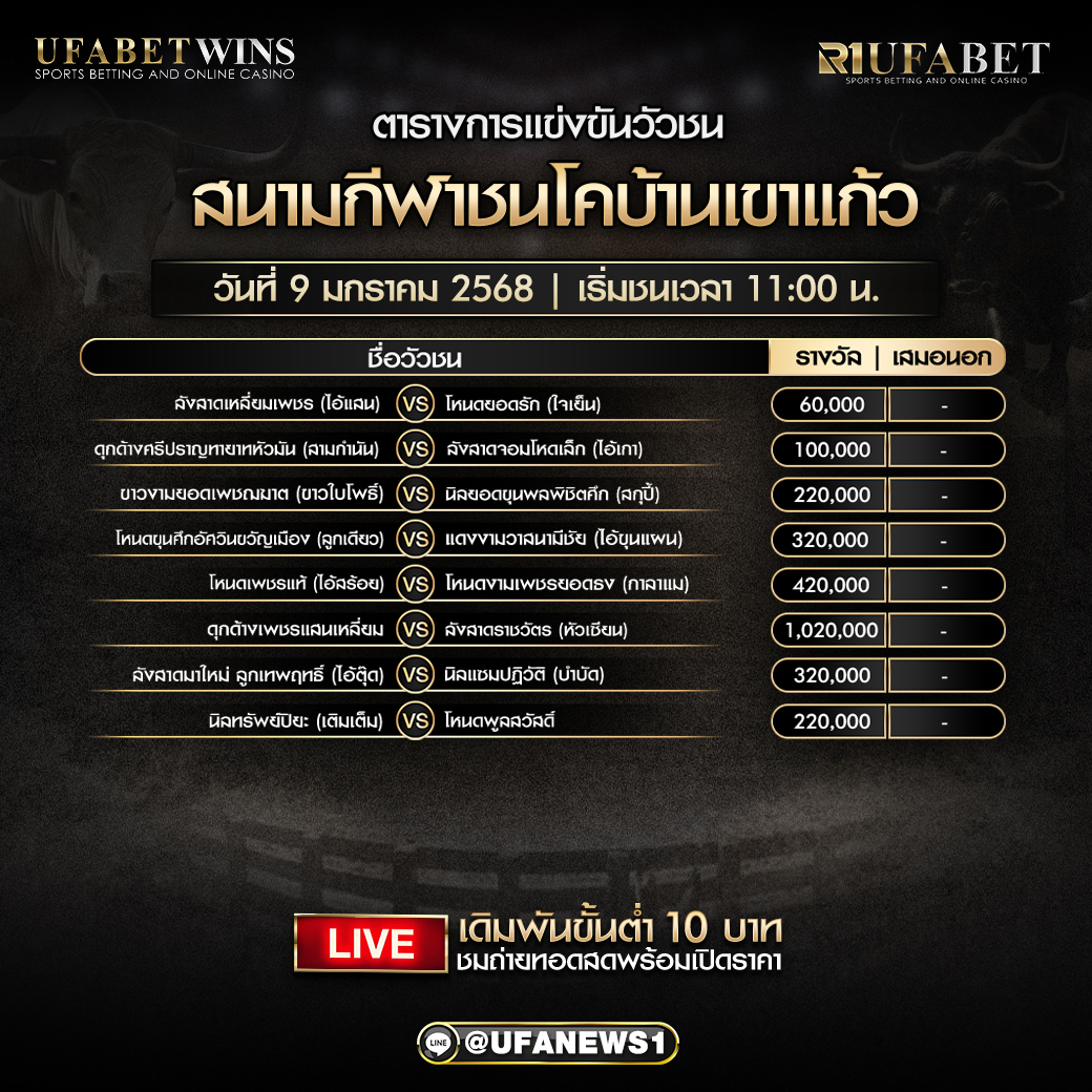 โปรแกรมวัวชน สนามกีฬาชนโคบ้านเขาแก้ว วันที่ 9 มกราคม 2568