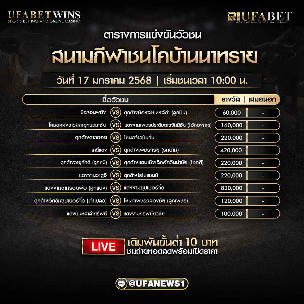 โปรแกรมวัวชน สนามกีฬาชนโคบ้านนาทราย วันที่ 17 มกราคม 2568