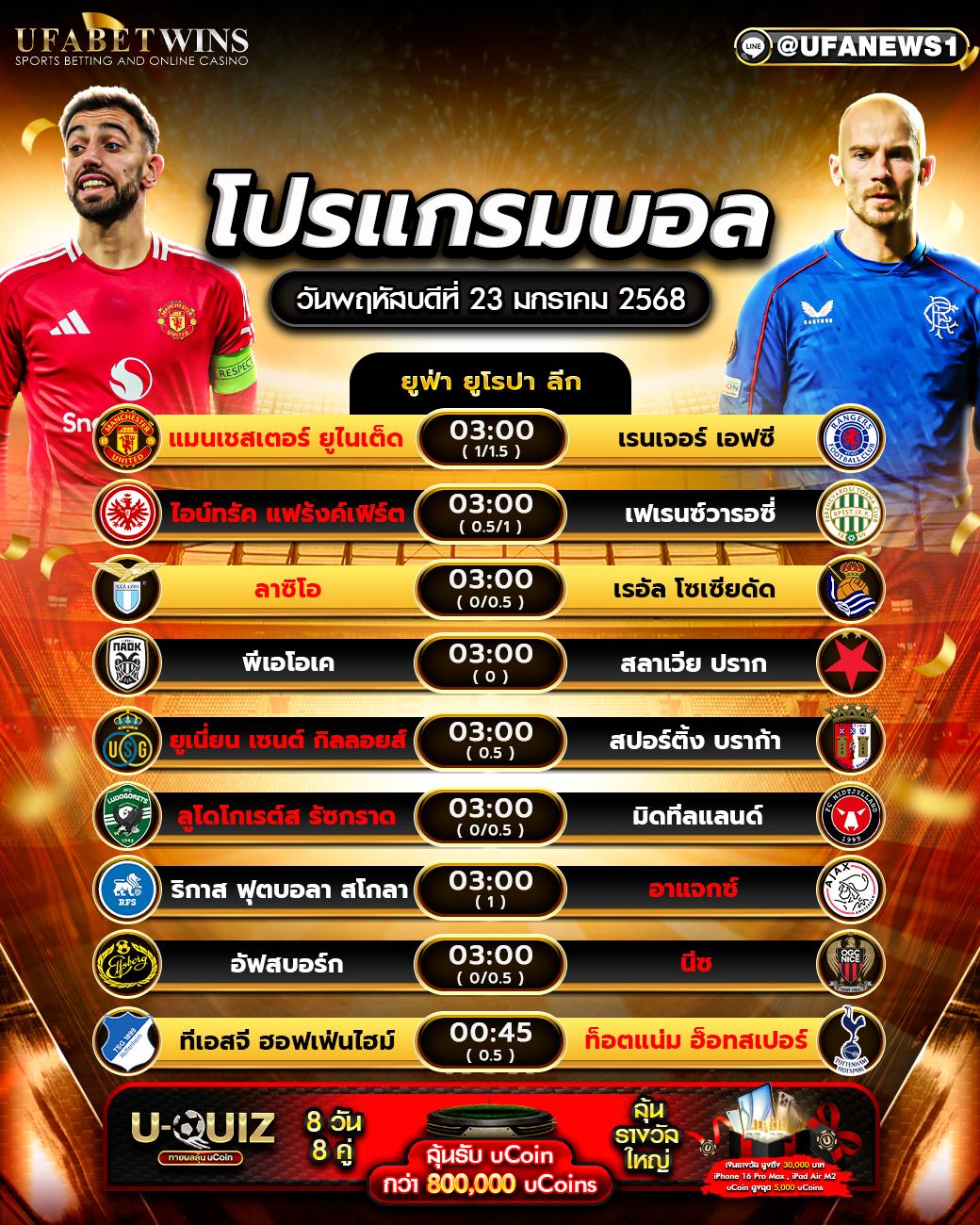 โปรแกรมฟุตบอลวันนี้ 23/01/2568