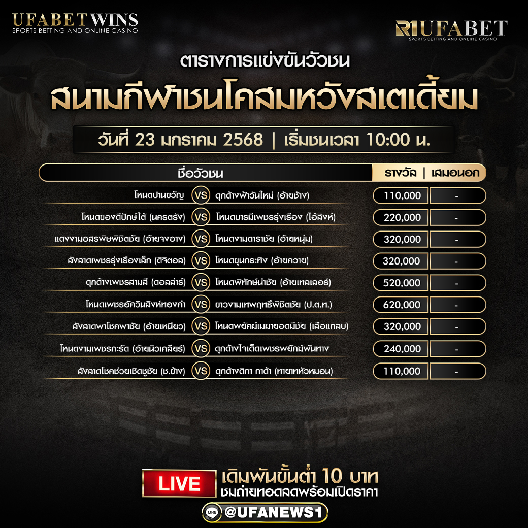 โปรแกรมวัวชน สนามกีฬาชนโคสมหวังสเตเดี้ยม วันที่ 23 มกราคม 2568