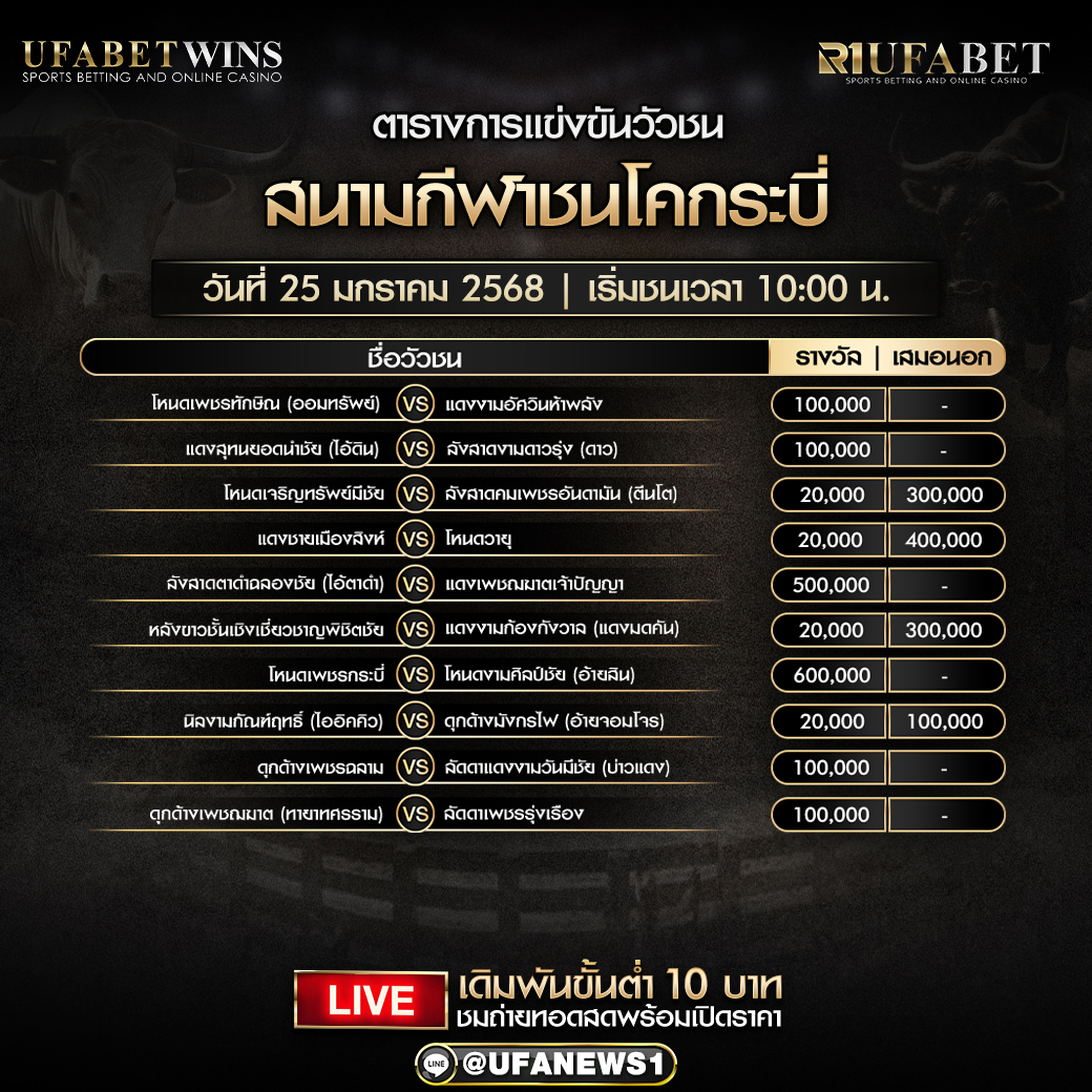 โปรแกรมวัวชน สนามกีฬาชนโคกระบี่ วันที่ 23 มกราคม 2568