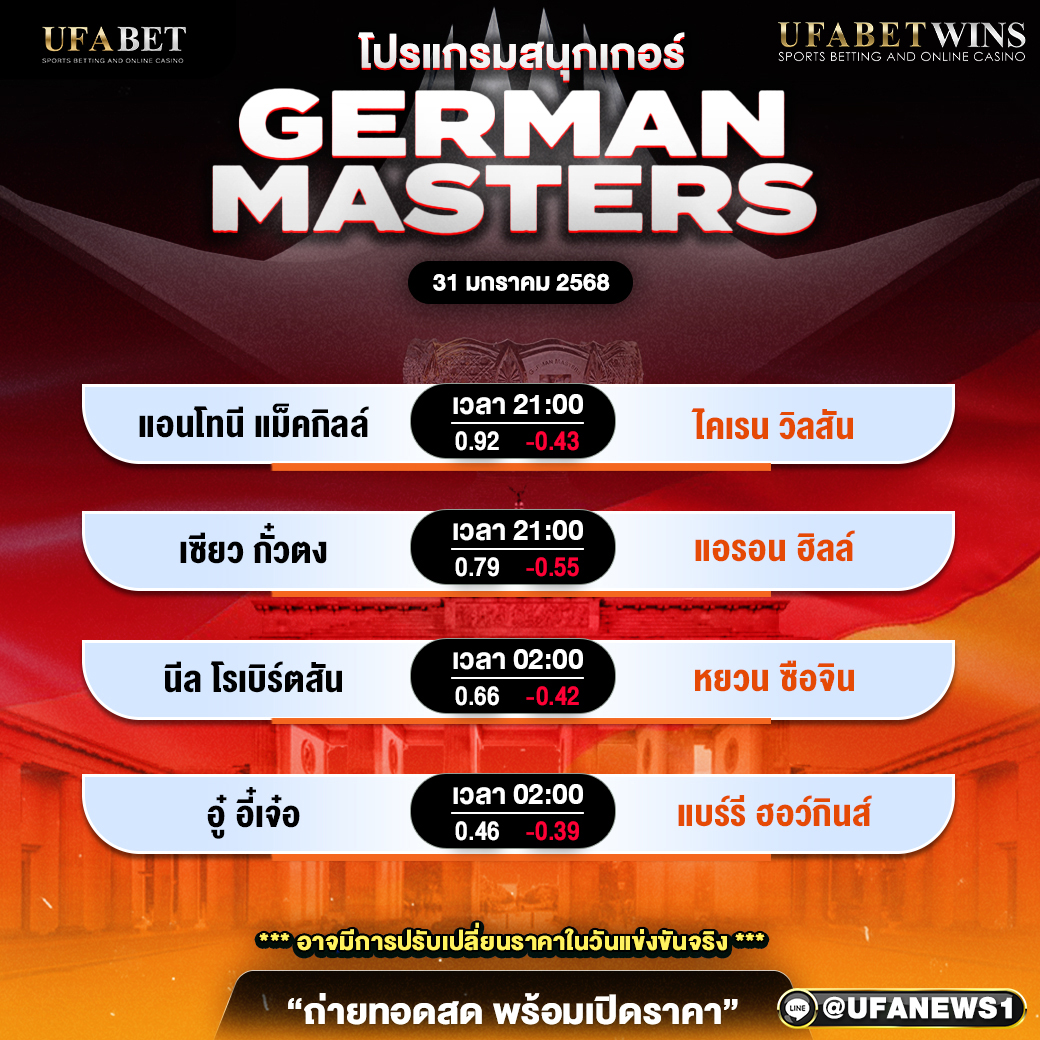 โปรแกรมสนุกเกอร์ ประจำวันที่ 31 มกราคม 2568