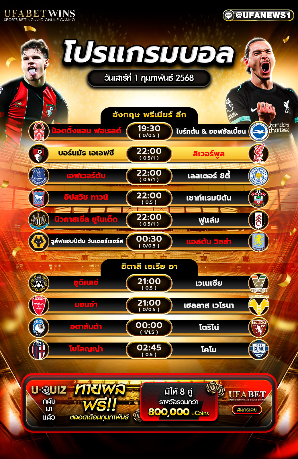 โปรแกรมฟุตบอลวันนี้ 1/02/2568