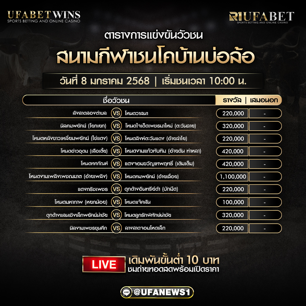 โปรแกรมวัวชน สนามกีฬาชนโคบ้านบ่อล้อ วันที่ 8 มกราคม 2568