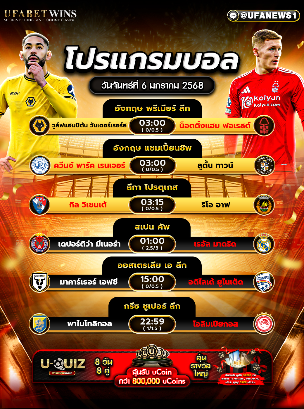 โปรแกรมฟุตบอลวันนี้ 06/01/2568