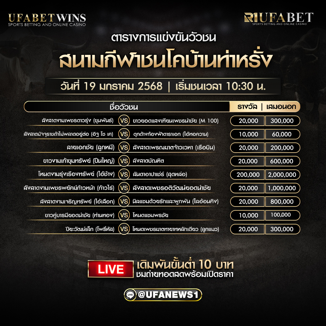 โปรแกรมวัวชน สนามกีฬาชนโคบ้านท่าหรั่ง วันที่ 19 มกราคม 2568