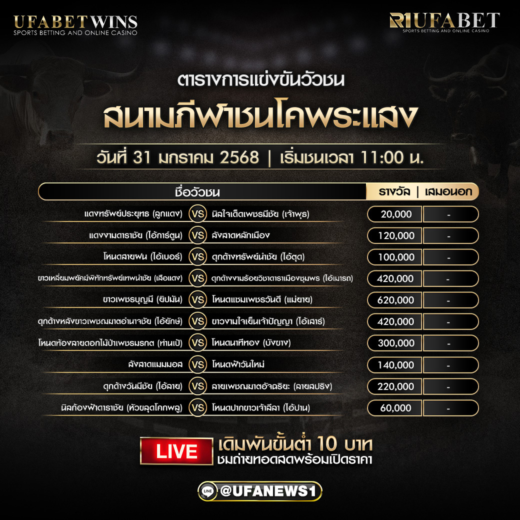 โปรแกรมวัวชน สนามภีฬาชนโคพระแสง วันที่ 31 มกราคม 2568