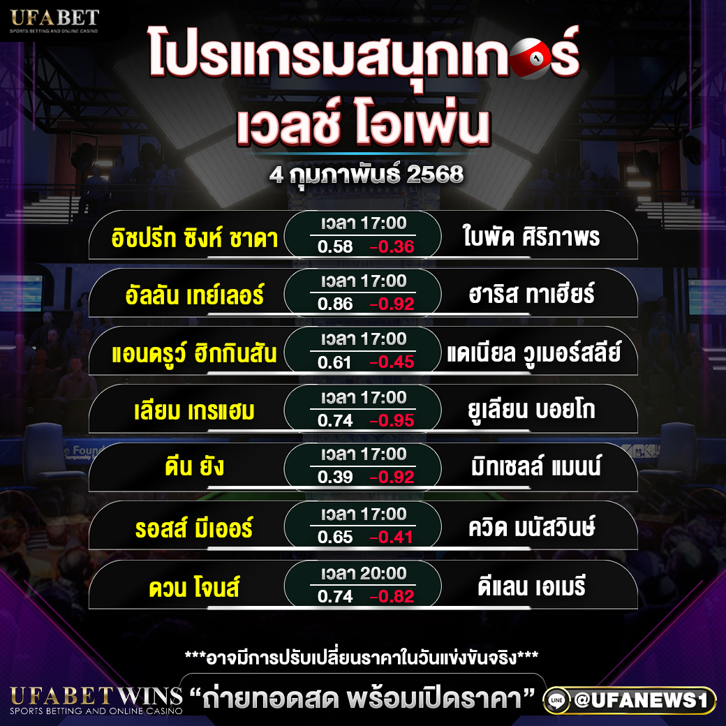 โปรแกรมสนุกเกอร์ตารางที่ 1 ประจำวันที่ 4 กุมภาพันธ์ 2568