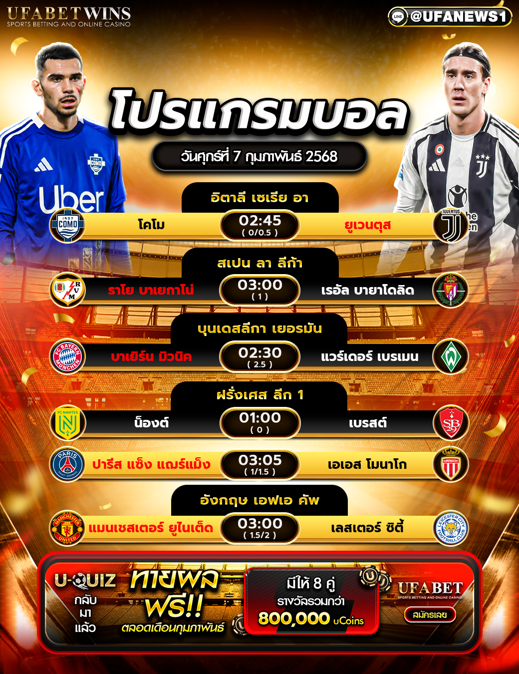 โปรแกรมฟุตบอลวันนี้ 07/02/2568