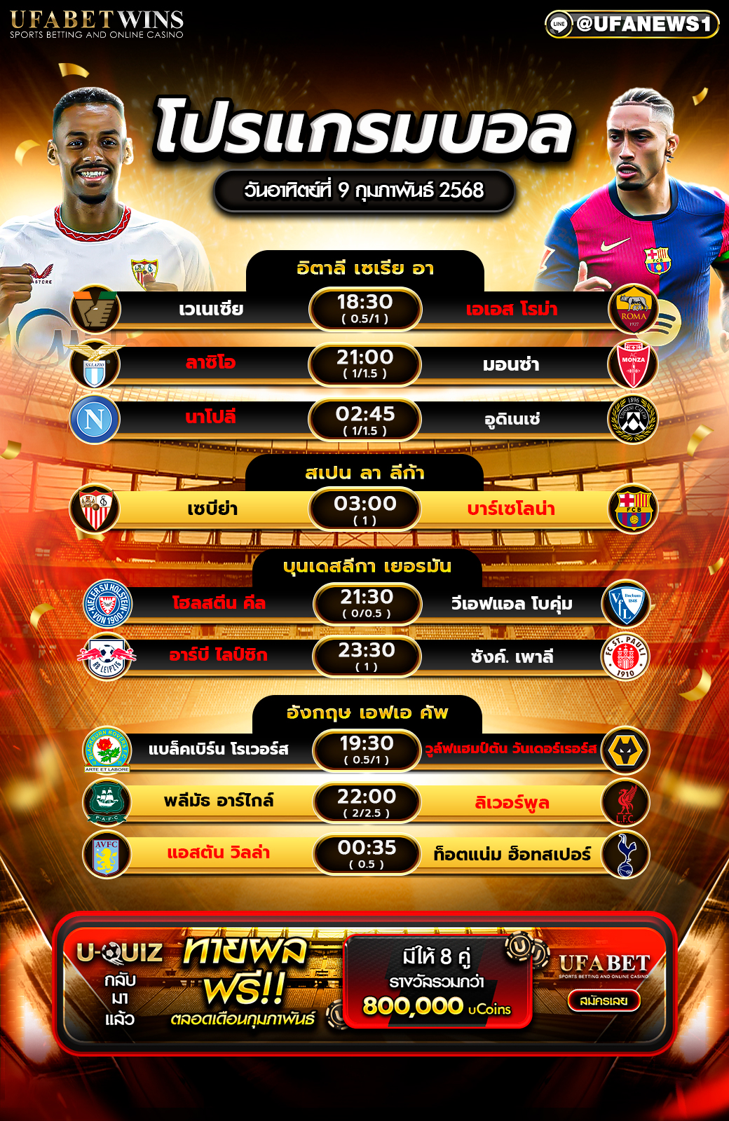 โปรแกรมฟุตบอลวันนี้ 09/02/2568