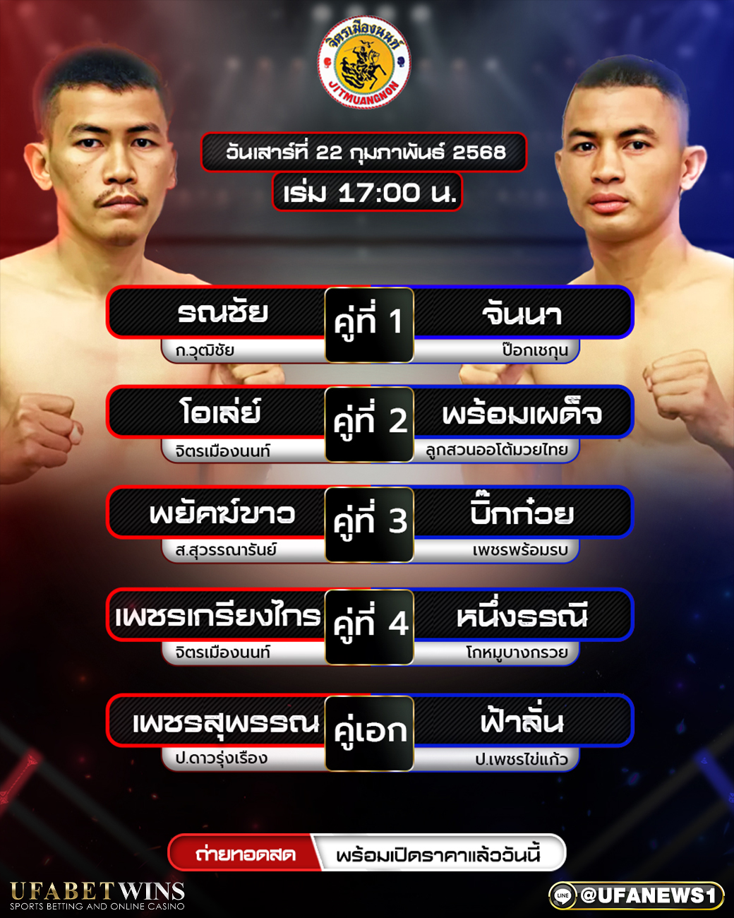 มวยวันนี้ ศึกจิตรเมืองนนท์ 22/02/68