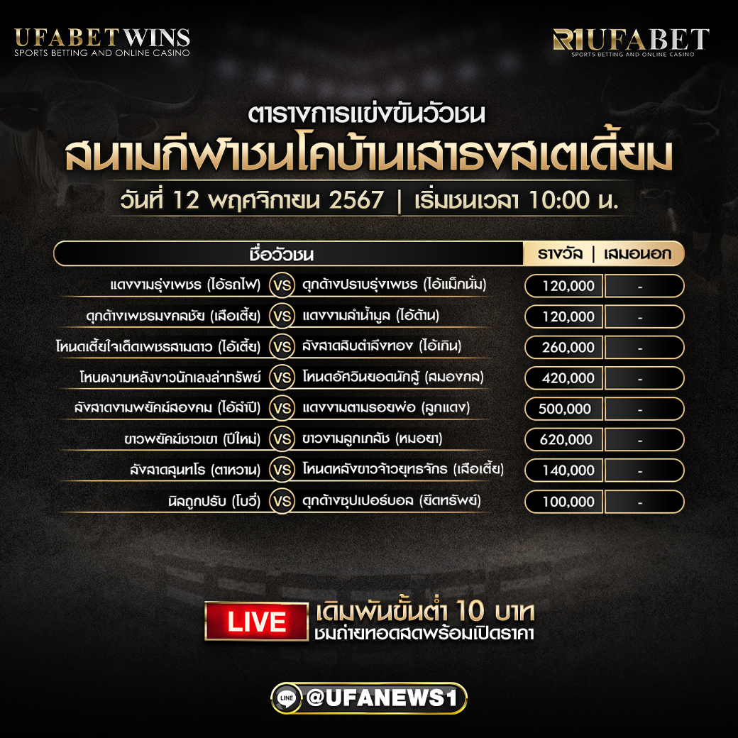โปรแกรมวัวชน สนามกีฬาชนโคบ้านเสาธงสเตเดี้ยม วันที่ 12/02/68