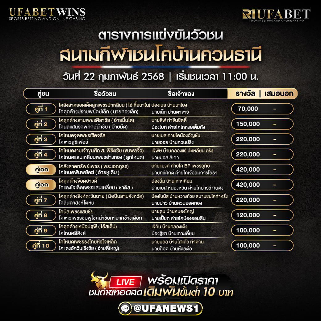 โปรแกรมวัวชน สนามกีฬาชนโคบ้านควนธานี วันที่ 22/02/68