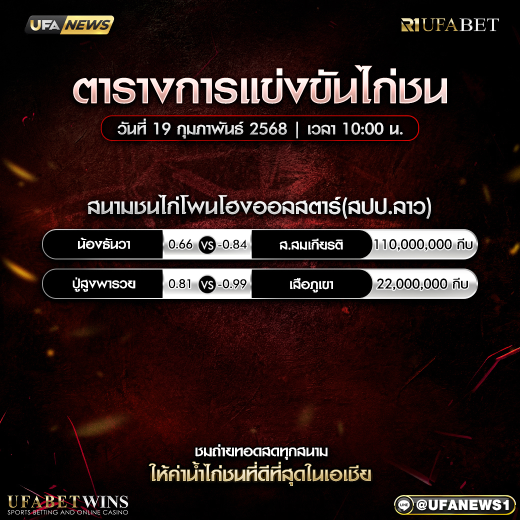โปรแกรมการแข่งขันไก่ชน วันที่ 19 กุมภาพันธ์ 2568