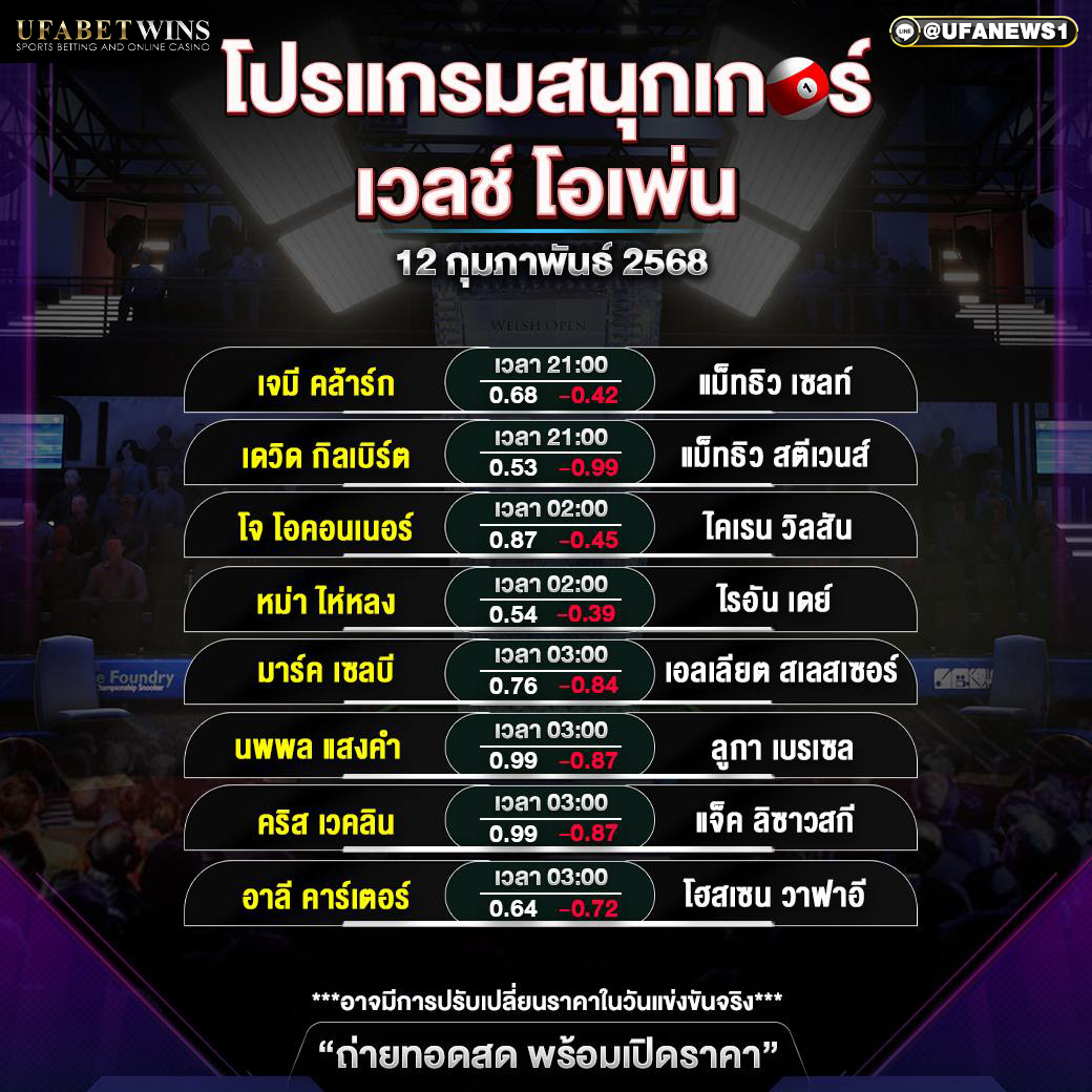 โปรแกรมสนุกเกอร์ ประจำวันที่ 12 กุมภาพันธ์ 2568