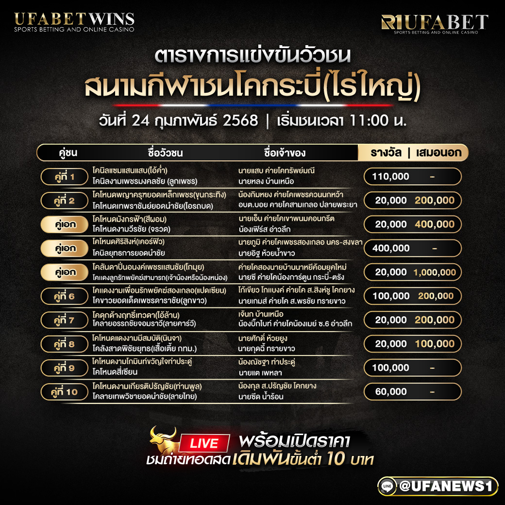 โปรแกรมวัวชน สนามกีฬาชนโคกระบี่(ไร่ใหญ่) วันที่ 24/02/68