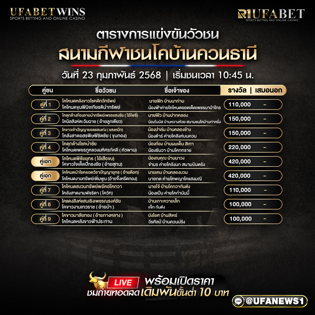 โปรแกรมวัวชน สนามกีฬาชนโคบ้านควนธานี วันที่ 23/02/68