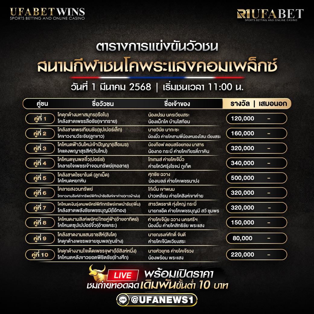 โปรแกรมวัวชน สนามกีฬาชนโคพระแสงคอมเพล็กซ์ วันที่ 01/03/68