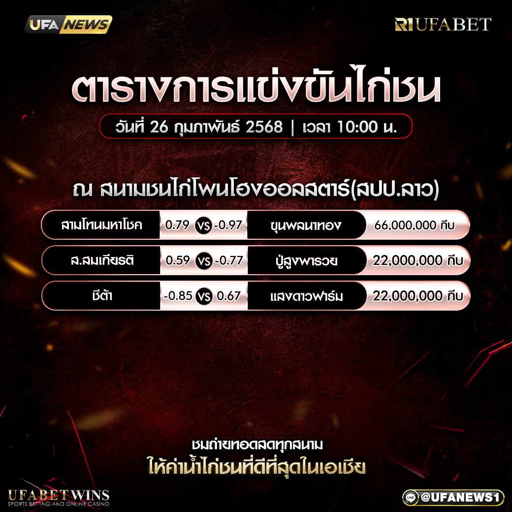 โปรแกรมการแข่งขันไก่ชน วันที่ 26 กุมภาพันธ์ 2568