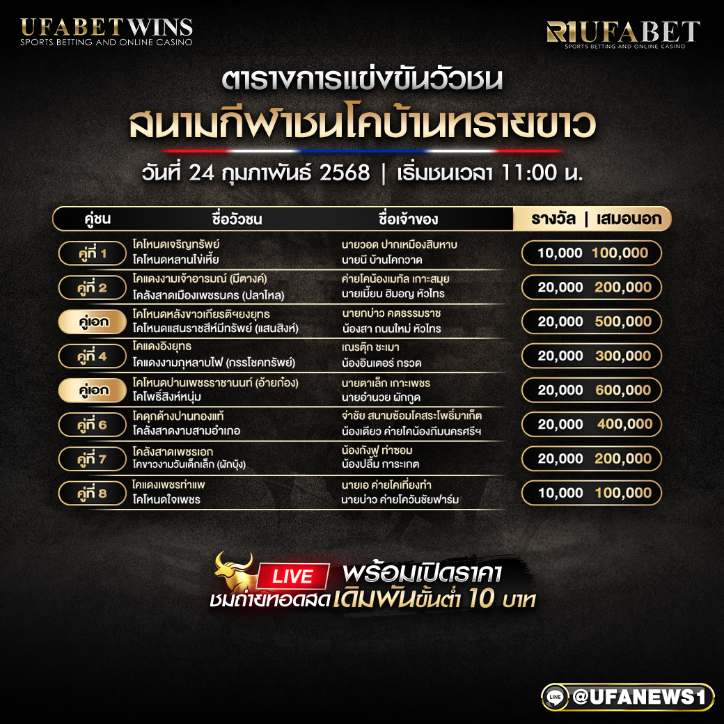 โปรแกรมวัวชน สนามกีฬาชนโคบ้านทรายขาว วันที่ 24/02/68