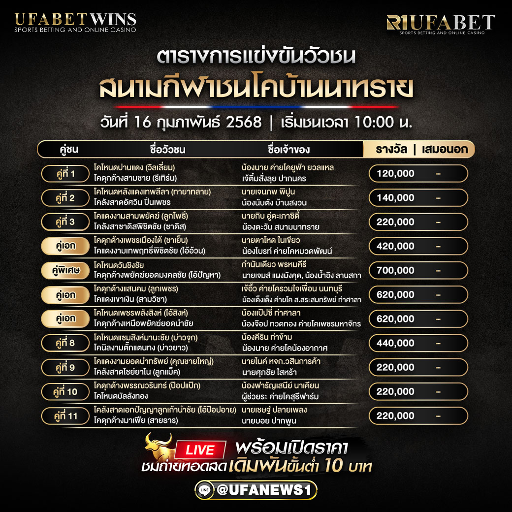 โปรแกรมวัวชน สนามกีฬาชนโคบ้านนาทราย วันที่ 16/02/68