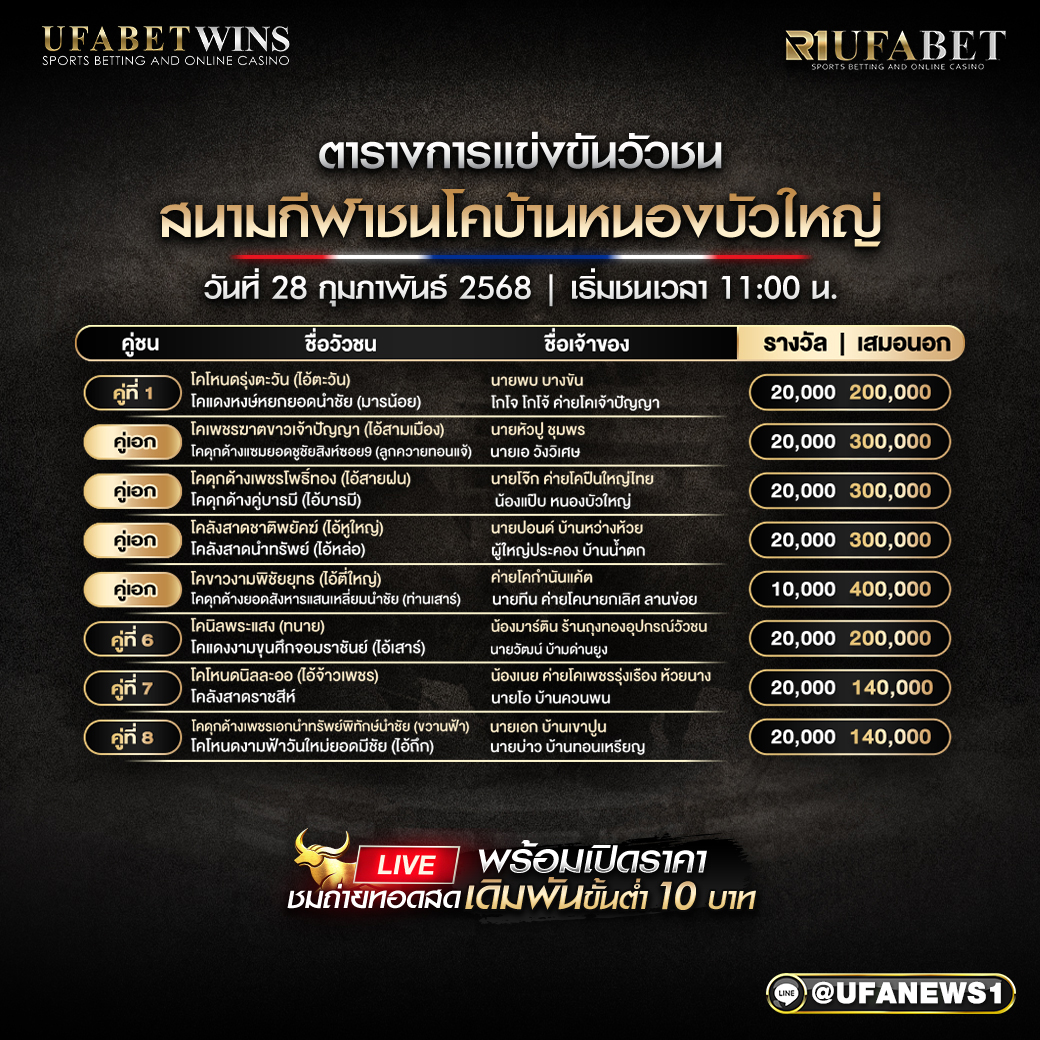 โปรแกรมวัวชน สนามกีฬาชนโคบ้านหนองบัวใหญ่ วันที่ 28/02/68