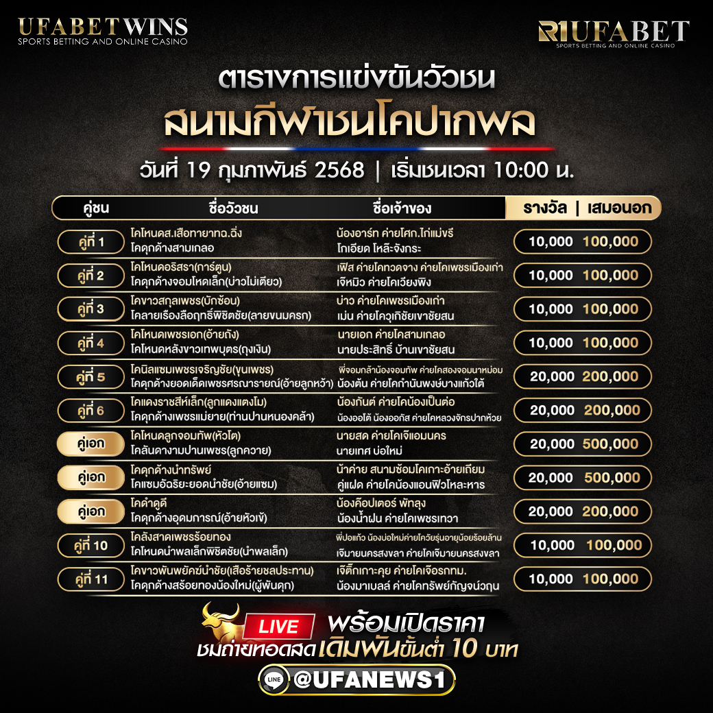 โปรแกรมวัวชน สนามกีฬาชนโคปากพล วันที่ 19/02/68