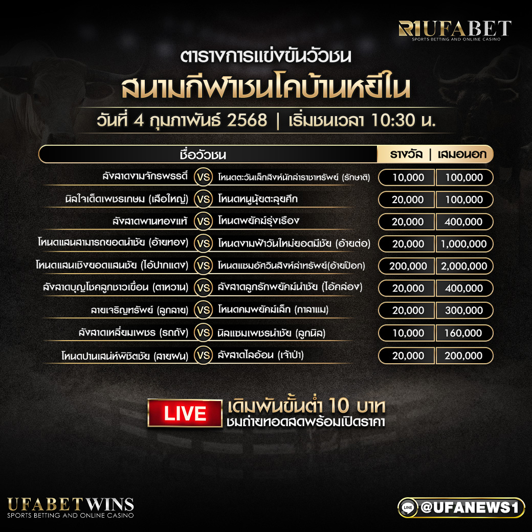 โปรแกรมวัวชน สนามวัวชนบ้านหยีใน วันที่ 4 กุมภาพันธ์ 2568