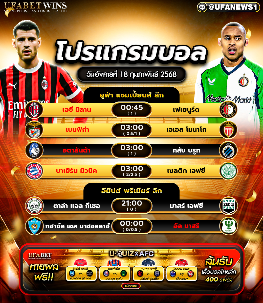 โปรแกรมฟุตบอลวันนี้ 18/02/2568