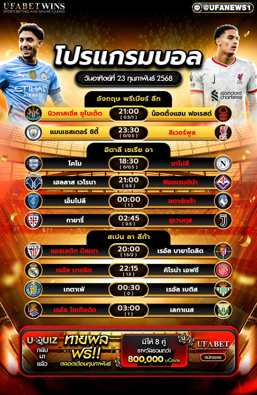 โปรแกรมฟุตบอลวันนี้ 23/02/2568