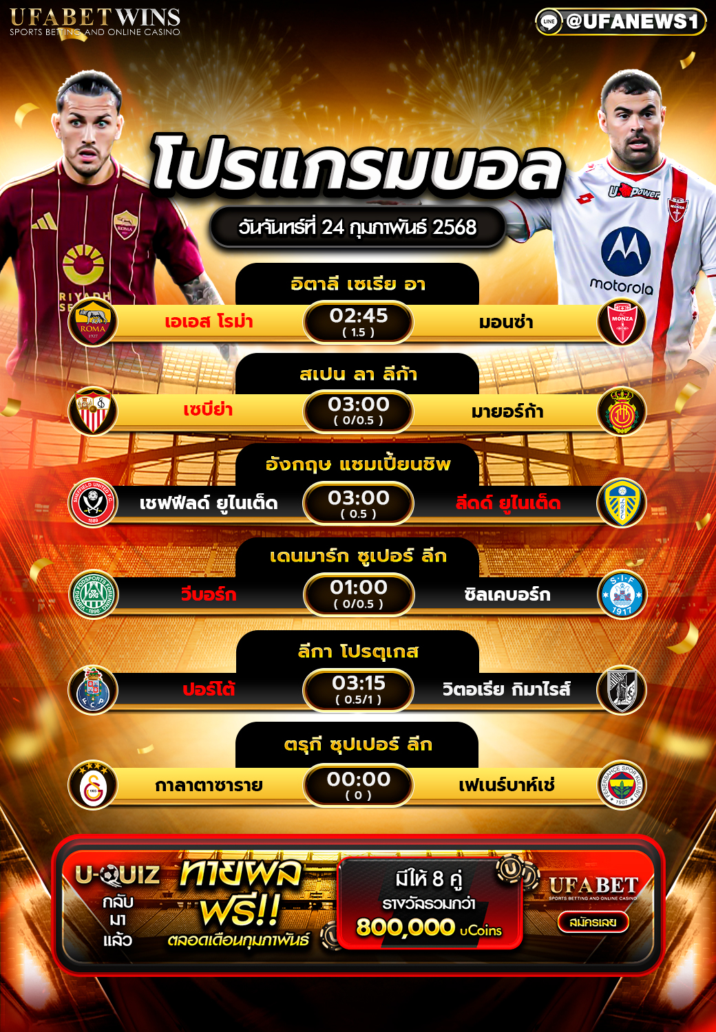 โปรแกรมฟุตบอลวันนี้ 24/02/2568 โปรแกรมฟุตบอลวันนี้ 24/02/2568
