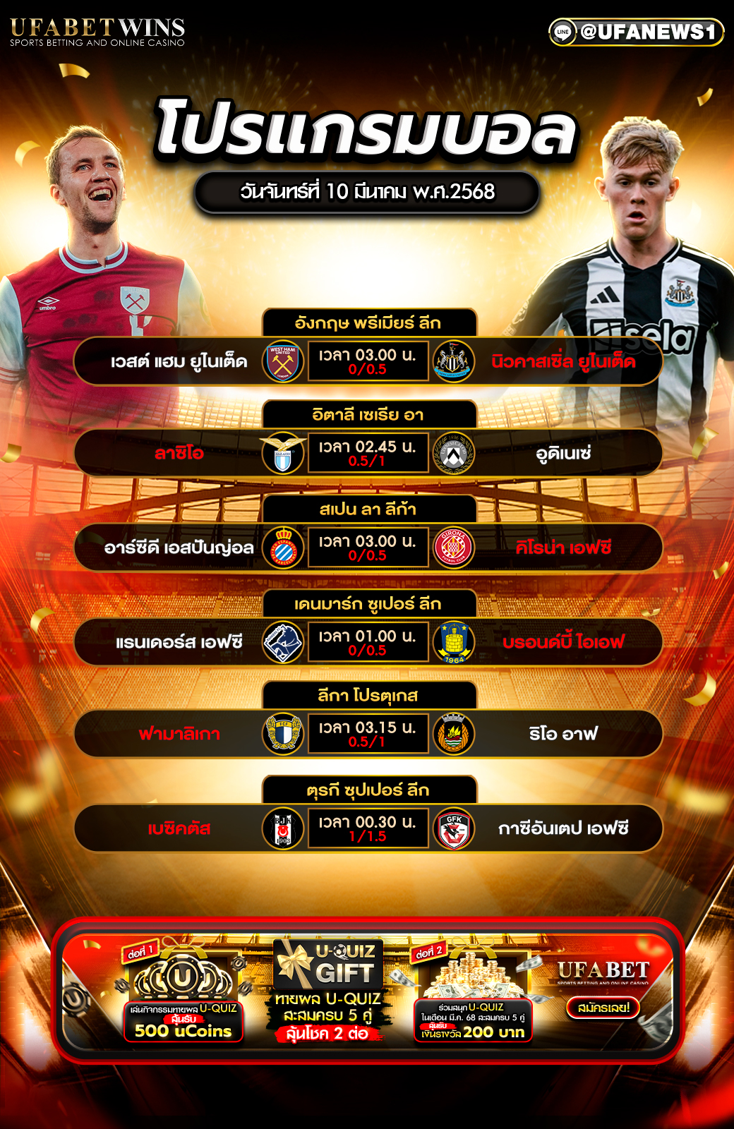 โปรแกรมฟุตบอลวันนี้ 10 มีนาคม 2568