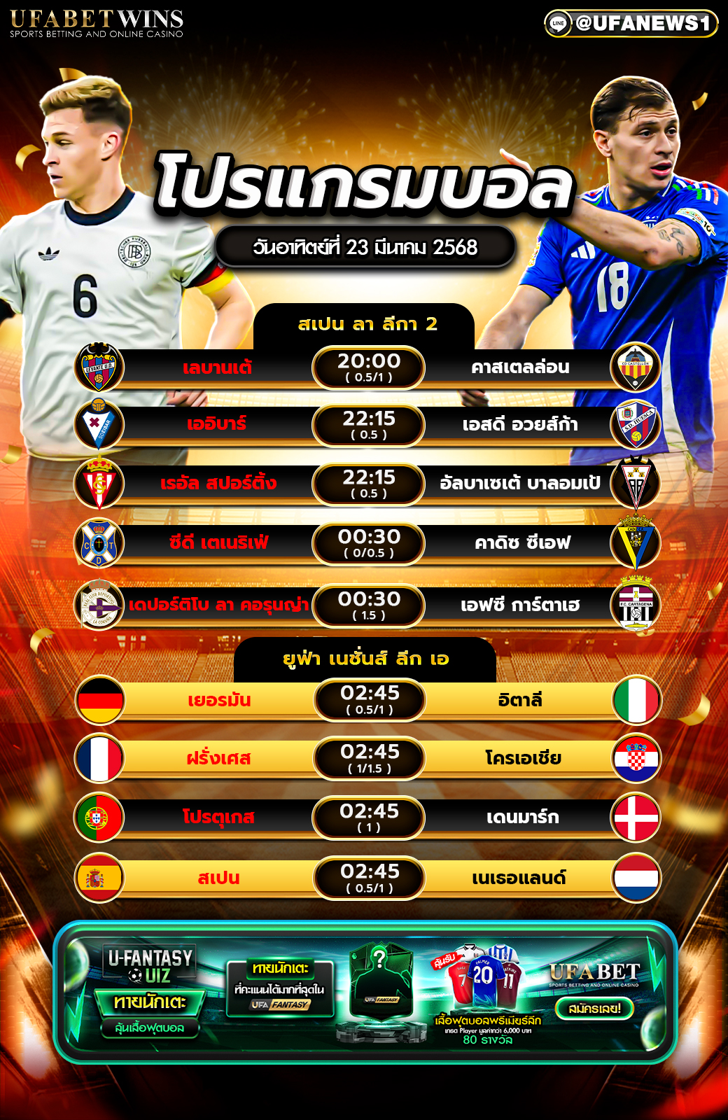 โปรแกรมฟุตบอลวันนี้ 23 มีนาคม 2568