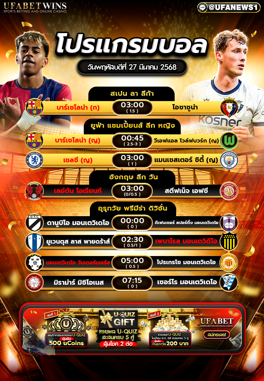 โปรแกรมฟุตบอลวันนี้ 27 มีนาคม 2568