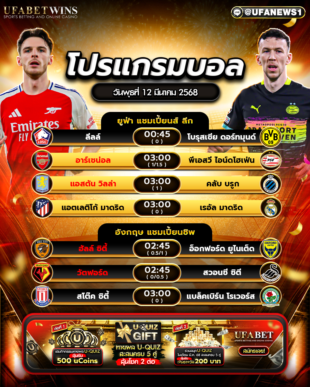 โปรแกรมฟุตบอลวันนี้ 12 มีนาคม 2568