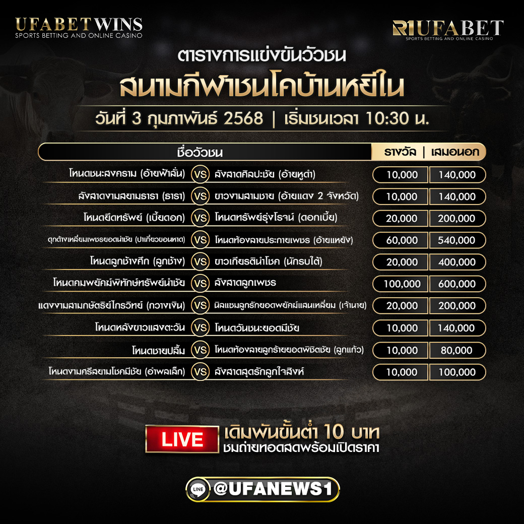 โปรแกรมวัวชน สนามกีฬาชนโคบ้านหยีใน วันที่ 03/03/68