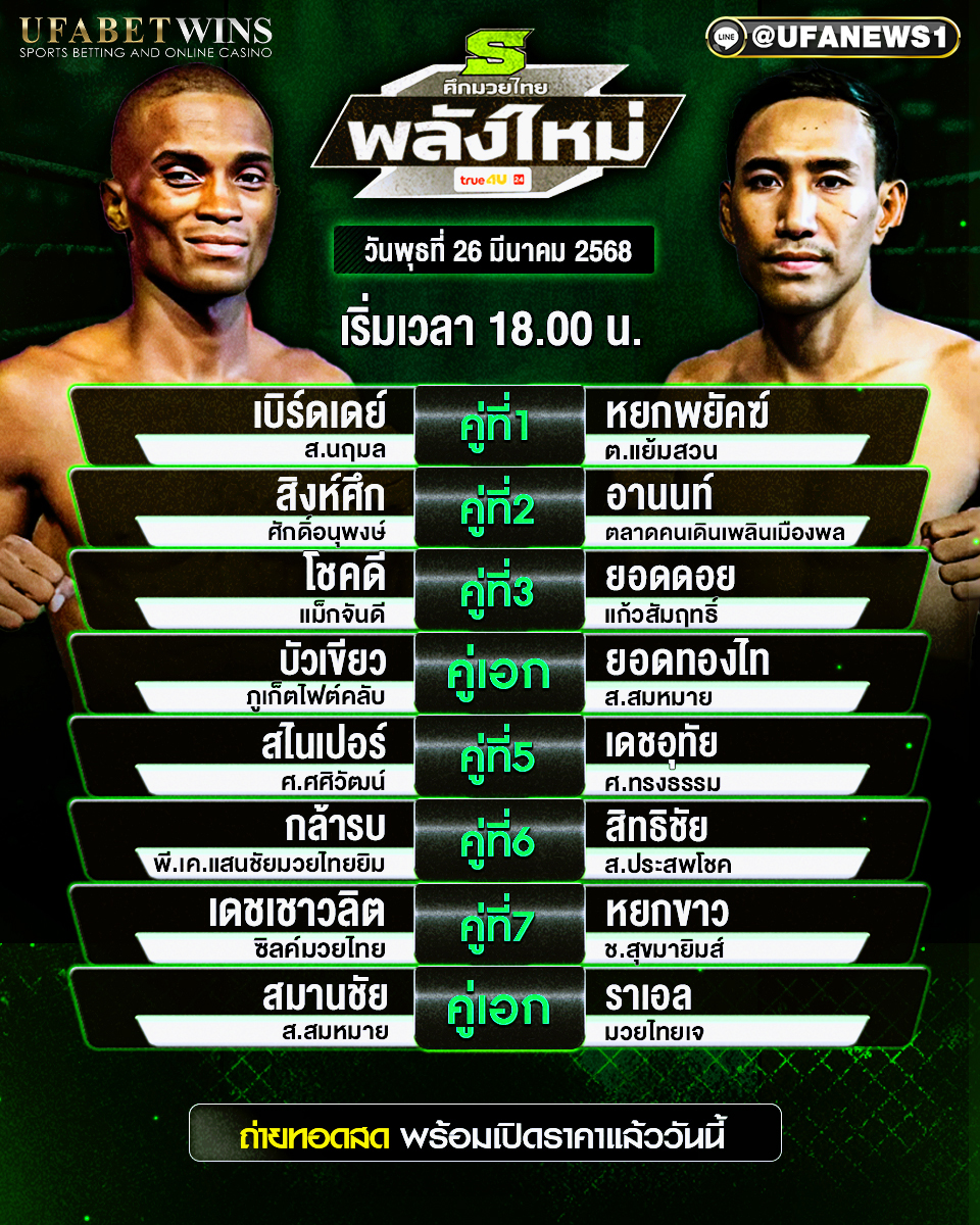 มวยวันนี้ ศึกมวยไทยพลังใหม่ 26/03/68