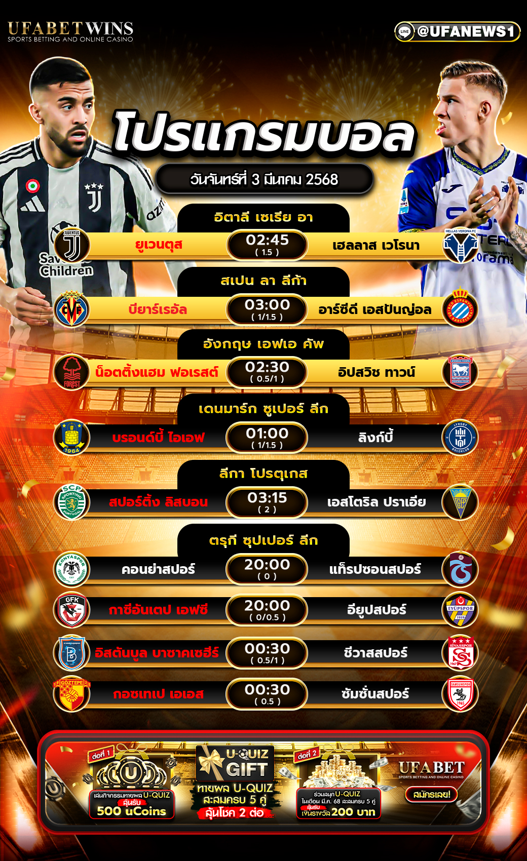 โปรแกรมฟุตบอลวันนี้ 3 มีนาคม 2568