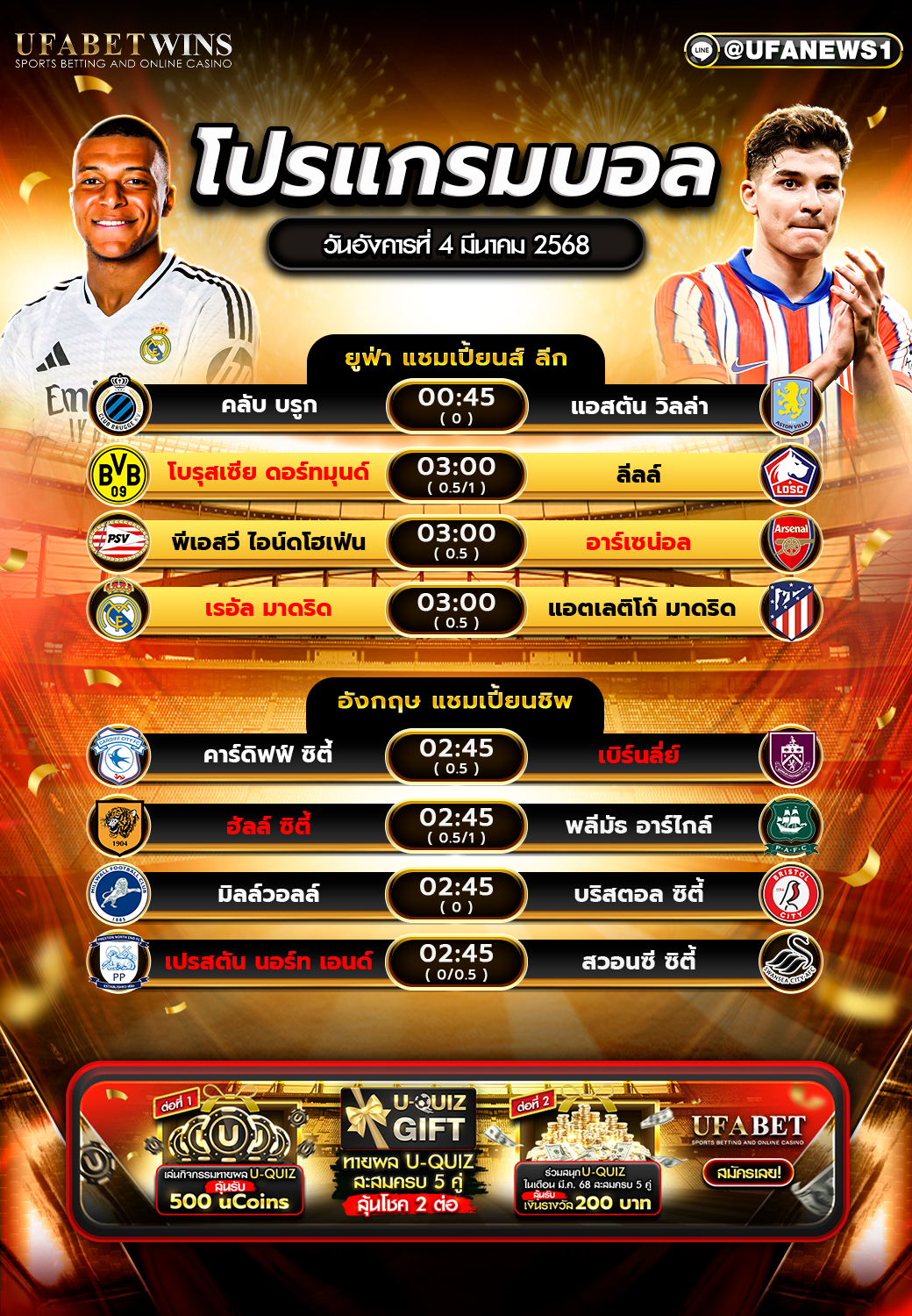โปรแกรมฟุตบอลวันนี้ 4 มีนาคม 2568