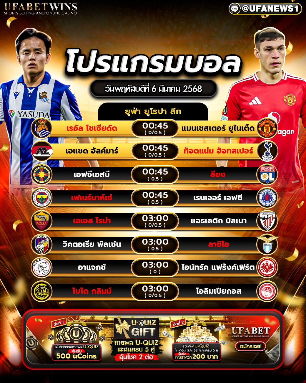 โปรแกรมฟุตบอลวันนี้ 6 มีนาคม 2568