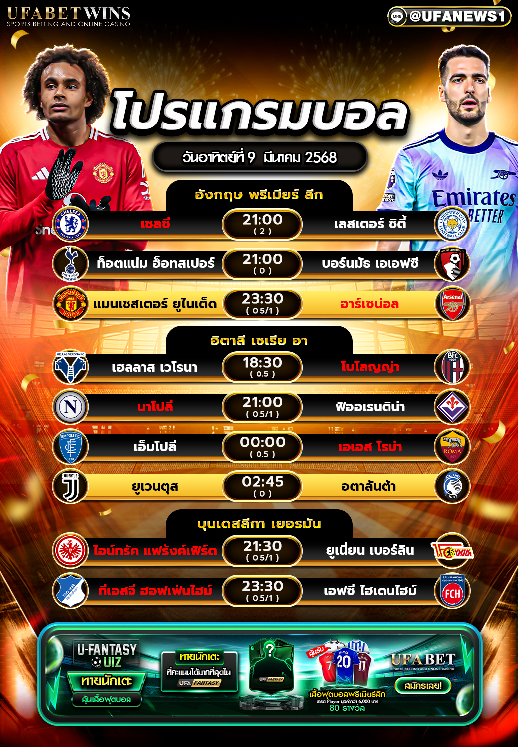 โปรแกรมฟุตบอลวันนี้ 9 มีนาคม 2568