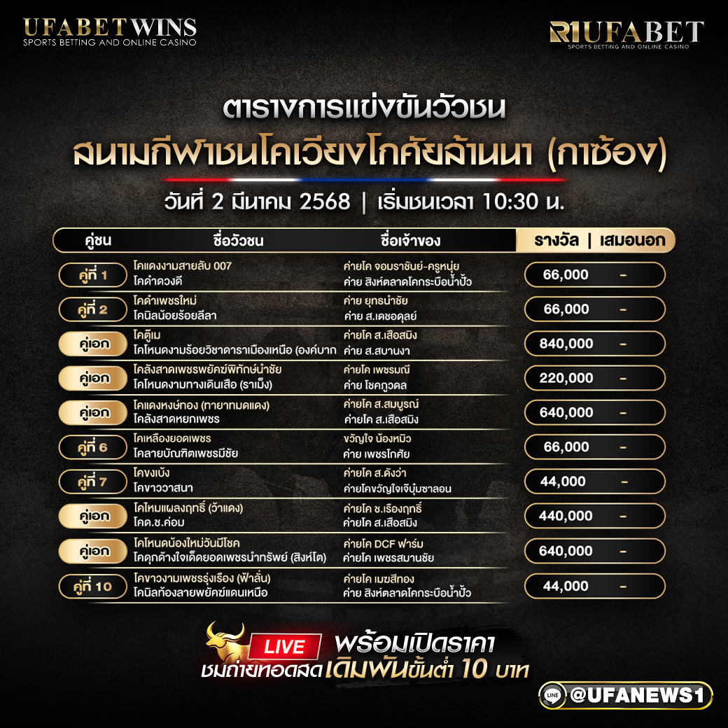 โปรแกรมวัวชน สนามกีฬาชนโคเวียงโกศัยล้านนา วันที่ 02/03/68