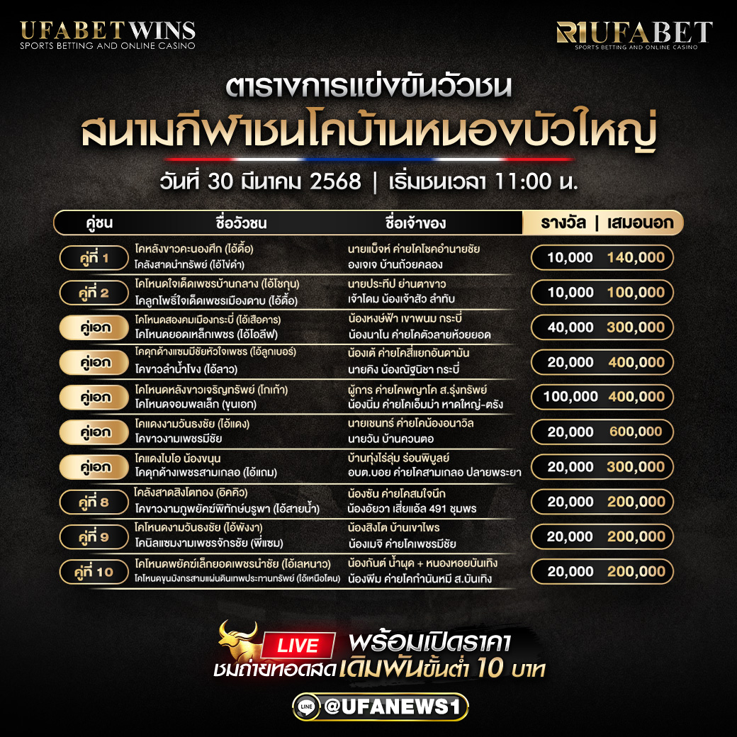 โปรแกรมวัวชน สนามกีฬาชนโคบ้านหนองบัวใหญ่ วันที่ 30 มีนาคม 2568