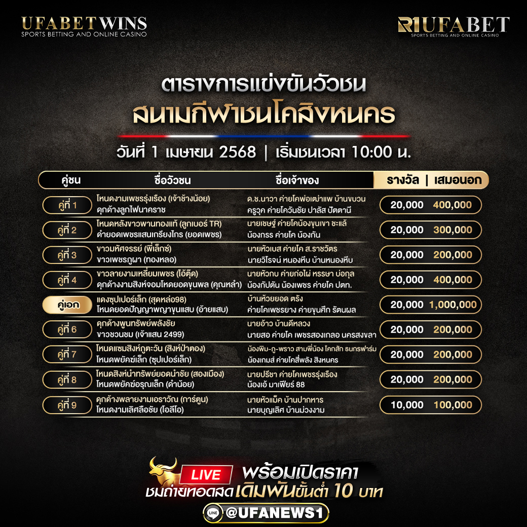 โปรแกรมวัวชน สนามกีฬาชนโคสิงหนคร วันที่ 1 เมษายน 2568