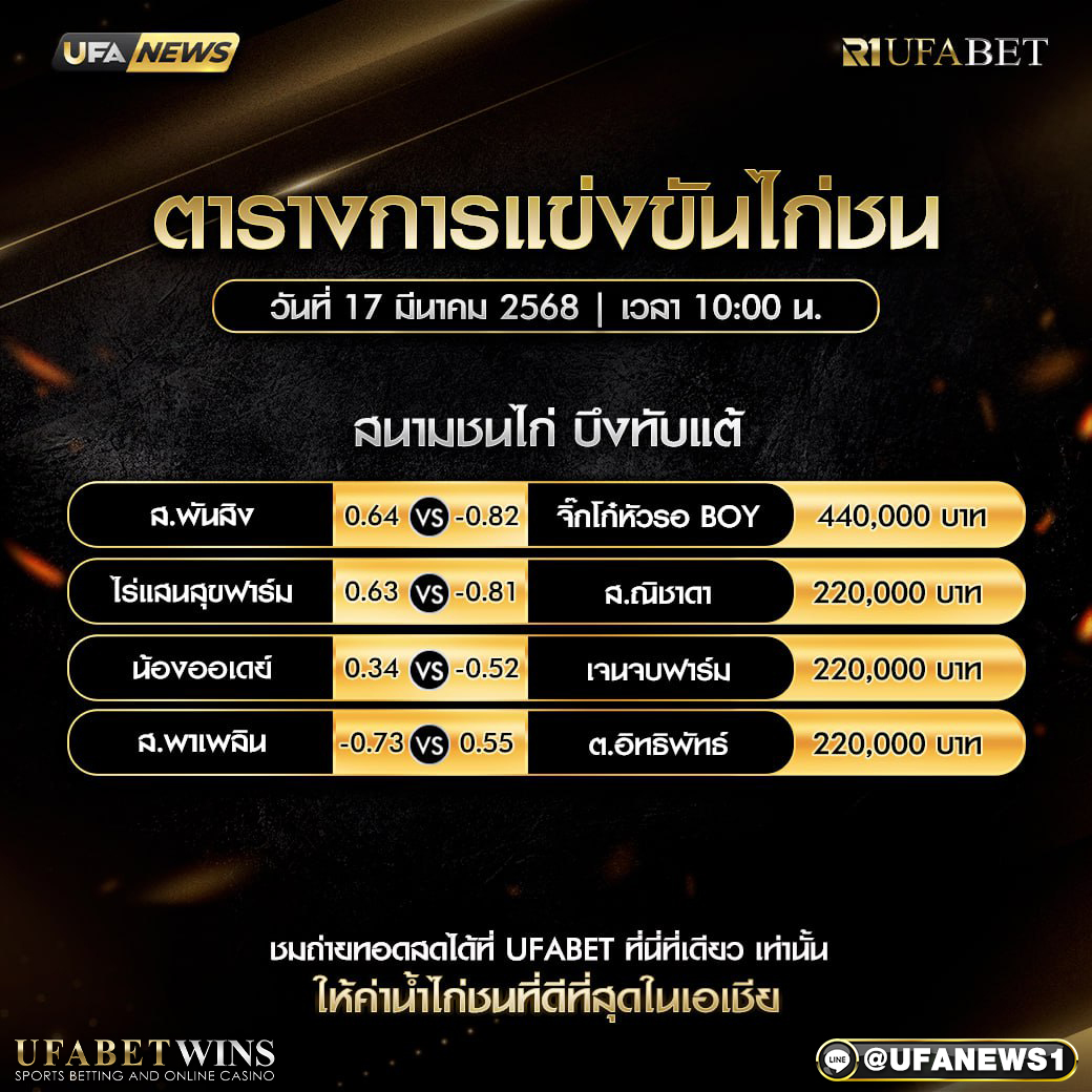 โปรแกรมการแข่งขันไก่ชน วันที่ 17 มีนาคม 2568