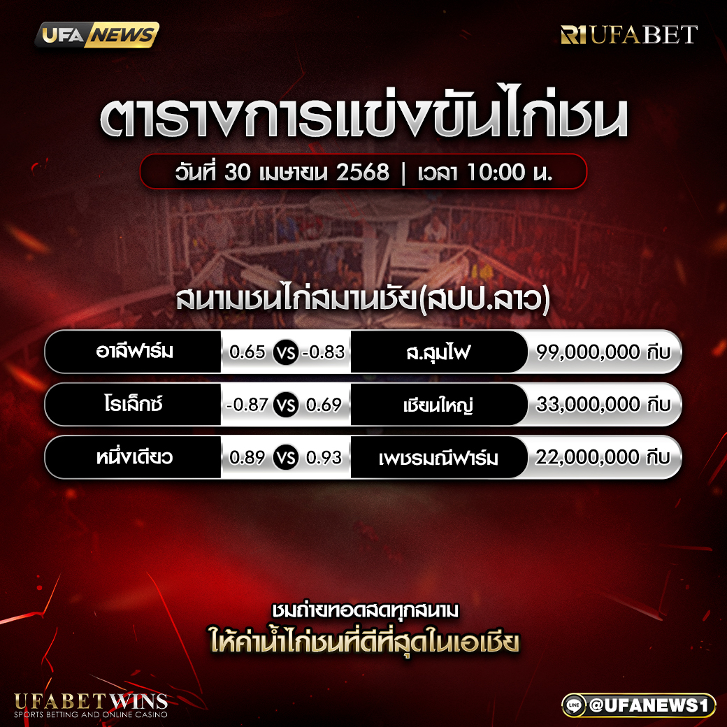 โปรแกรมการแข่งขันไก่ชน วันที่ 30 เมษายน 2568