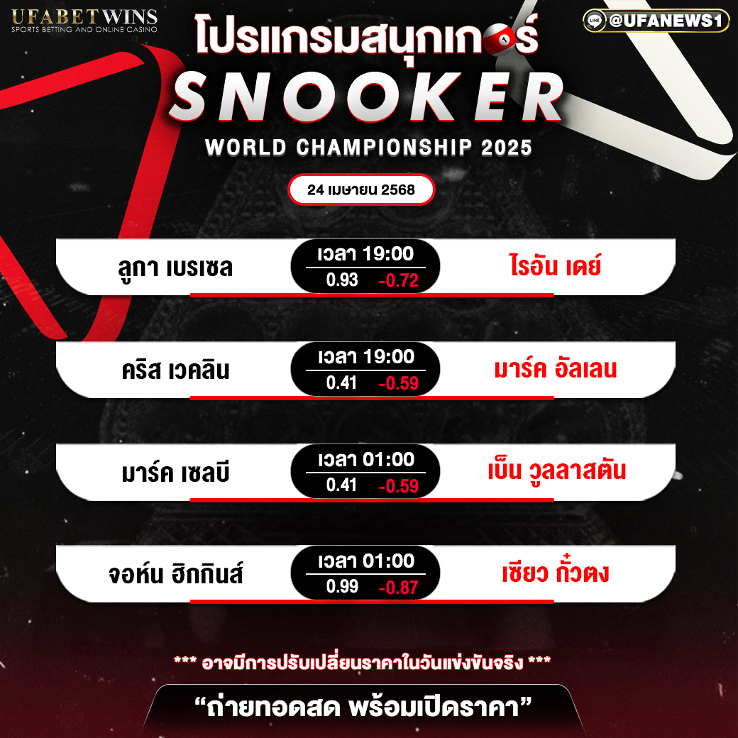 โปรแกรมสนุกเกอร์ ประจำวันที่ 24 เมษายน 2568